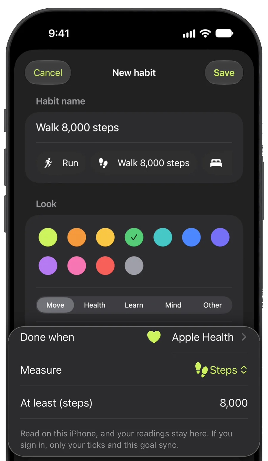 New habit screen for Walk 8,000 steps, done when Apple Health counts at least 8,000 steps.