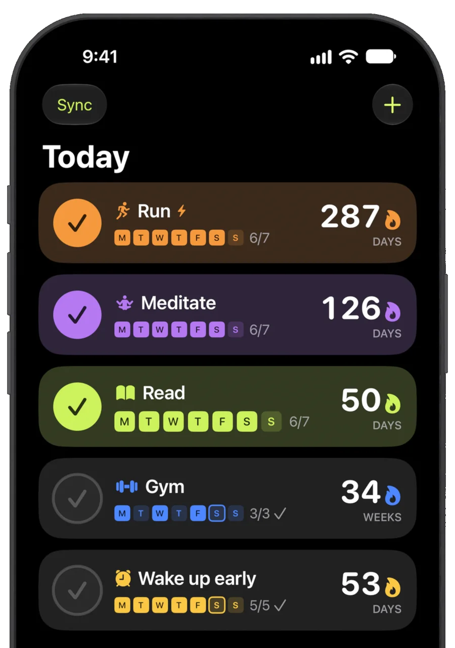 Today screen with five habits: Run, Meditate and Read done, Gym and Wake up early still open, each with its streak.